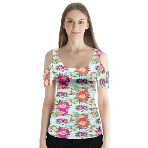 Floral Flower Pattern Seamless Butterfly Sleeve Cutout Tee  by Simbadda