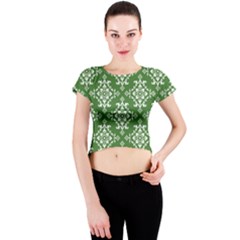 St Patrick S Day Damask Vintage Green Background Pattern Crew Neck Crop Top by Simbadda