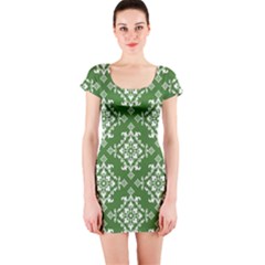 St Patrick S Day Damask Vintage Green Background Pattern Short Sleeve Bodycon Dress by Simbadda