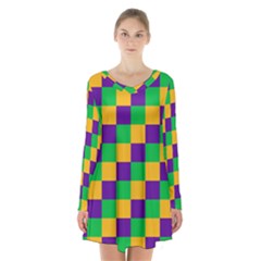 Mardi Gras Checkers Long Sleeve Velvet V-neck Dress by PhotoNOLA