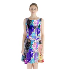 Flowers Colorful Drawing Oil Sleeveless Chiffon Waist Tie Dress by Simbadda