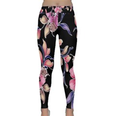 Neon Flowers Black Background Classic Yoga Leggings by Simbadda