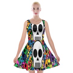 Skull Background Bright Multi Colored Velvet Skater Dress by Simbadda