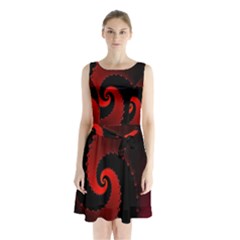 Red Fractal Spiral Sleeveless Chiffon Waist Tie Dress by Simbadda