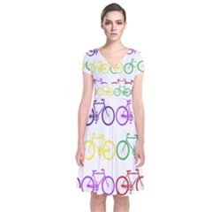 Rainbow Colors Bright Colorful Bicycles Wallpaper Background Short Sleeve Front Wrap Dress by Simbadda