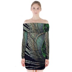 Feather Peacock Drops Green Long Sleeve Off Shoulder Dress by Simbadda