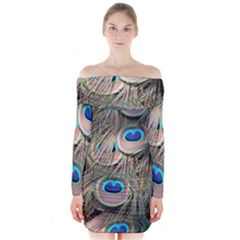 Colorful Peacock Feathers Background Long Sleeve Off Shoulder Dress by Simbadda