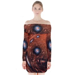 Fractal Peacock World Background Long Sleeve Off Shoulder Dress by Simbadda