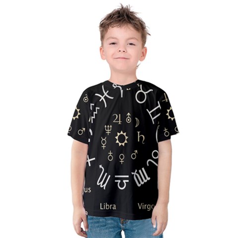 Astrology Chart With Signs And Symbols From The Zodiac Gold Colors Kids  Cotton Tee by Amaryn4rt