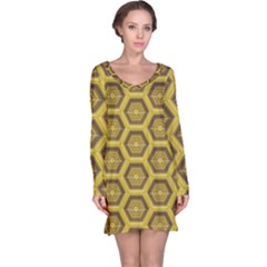 Golden 3d Hexagon Background Long Sleeve Nightdress by Amaryn4rt