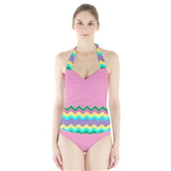 Easter Chevron Pattern Stripes Halter Swimsuit by Amaryn4rt