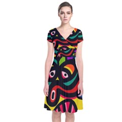 A Seamless Crazy Face Doodle Pattern Short Sleeve Front Wrap Dress by Amaryn4rt