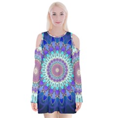 Power Flower Mandala   Blue Cyan Violet Velvet Long Sleeve Shoulder Cutout Dress by EDDArt