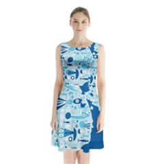 New Zealand Fish Detail Blue Sea Shark Sleeveless Chiffon Waist Tie Dress by Mariart