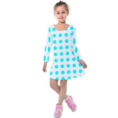 Polka Dot Blue White Kids  Long Sleeve Velvet Dress by Mariart