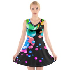 Neon Paint Splatter Background Club V-neck Sleeveless Skater Dress by Mariart