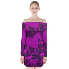 Pink Horses Horse Animals Pattern Colorful Colors Long Sleeve Off Shoulder Dress by Simbadda