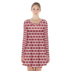 Brick Line Red White Long Sleeve Velvet V-neck Dress by Mariart