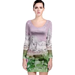 Wonderful Unicorn With Foal On A Mushroom Long Sleeve Bodycon Dress by FantasyWorld7