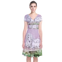 Wonderful Unicorn With Foal On A Mushroom Short Sleeve Front Wrap Dress by FantasyWorld7