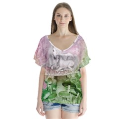 Wonderful Unicorn With Foal On A Mushroom Flutter Sleeve Top by FantasyWorld7