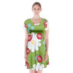 Insect Flower Floral Animals Star Green Red Sunflower Short Sleeve V-neck Flare Dress by Mariart