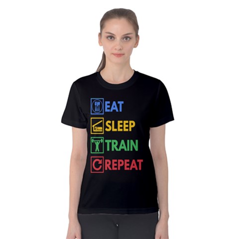 Black & Multicolor Eat Sleep Train Repeat Women s Cotton Tee by ThinkOutisdeTheBox