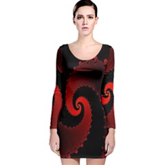 Red Fractal Spiral Long Sleeve Velvet Bodycon Dress by Nexatart