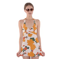 Vintage Floral Wallpaper Background In Shades Of Orange Halter Swimsuit Dress by Nexatart