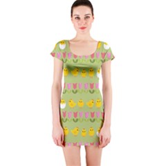 Easter - Chick And Tulips Short Sleeve Bodycon Dress by Valentinaart