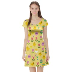 Easter - Chick And Tulips Short Sleeve Skater Dress by Valentinaart