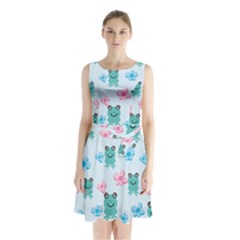 Frog Green Pink Flower Sleeveless Chiffon Waist Tie Dress by Mariart