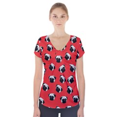 Pug Dog Pattern Short Sleeve Front Detail Top by Valentinaart