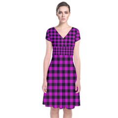 Lumberjack Fabric Pattern Pink Black Short Sleeve Front Wrap Dress by EDDArt