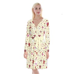 Valentinstag Love Hearts Pattern Red Yellow Long Sleeve Velvet Front Wrap Dress by EDDArt