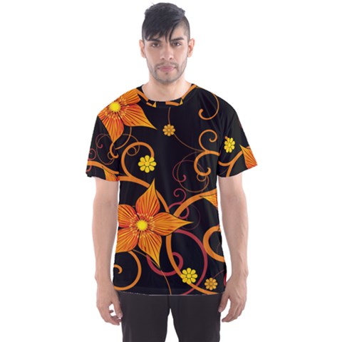 Star Leaf Orange Gold Red Black Flower Floral Men s Sport Mesh Tee by Mariart