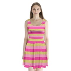 Pink Line Gold Red Horizontal Split Back Mini Dress  by Mariart