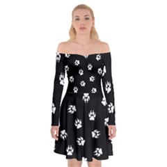 Footprints Dog White Black Off Shoulder Skater Dress