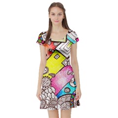 Beautiful Colorful Doodle Short Sleeve Skater Dress by Nexatart