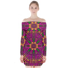 Feather Stars Mandala Pop Art Long Sleeve Off Shoulder Dress by pepitasart