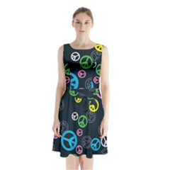 Peace & Love Pattern Sleeveless Waist Tie Chiffon Dress by BangZart