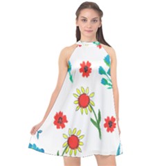 Flowers Fabric Design Halter Neckline Chiffon Dress  by BangZart