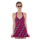 Red Turquoise Black Zig Zag Background Halter Swimsuit Dress View1