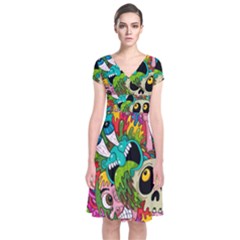 Crazy Illustrations & Funky Monster Pattern Short Sleeve Front Wrap Dress by BangZart