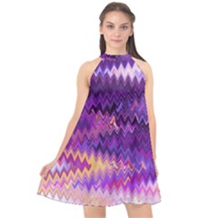 Purple And Yellow Zig Zag Halter Neckline Chiffon Dress  by BangZart