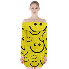 Digitally Created Yellow Happy Smile  Face Wallpaper Long Sleeve Off Shoulder Dress by BangZart