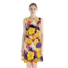 Colorful Flowers Pattern Sleeveless Waist Tie Chiffon Dress by BangZart