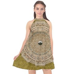 Golden Forest Silver Tree In Wood Mandala Halter Neckline Chiffon Dress  by pepitasart