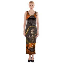 Halloween, Funny Mummy With Pumpkins Fitted Maxi Dress by FantasyWorld7