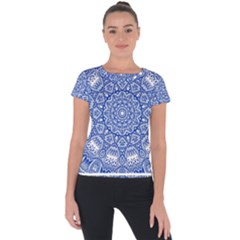 Blue Mandala Art Pattern Short Sleeve Sports Top  by paulaoliveiradesign